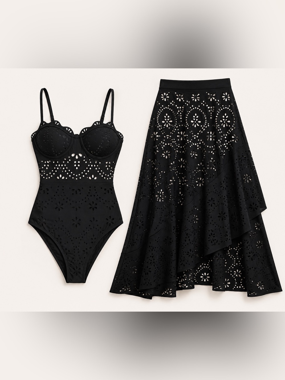 Flaxmaker Black Laser Cut One Piece Swimsuit Maxi Skirt Set L NWOT